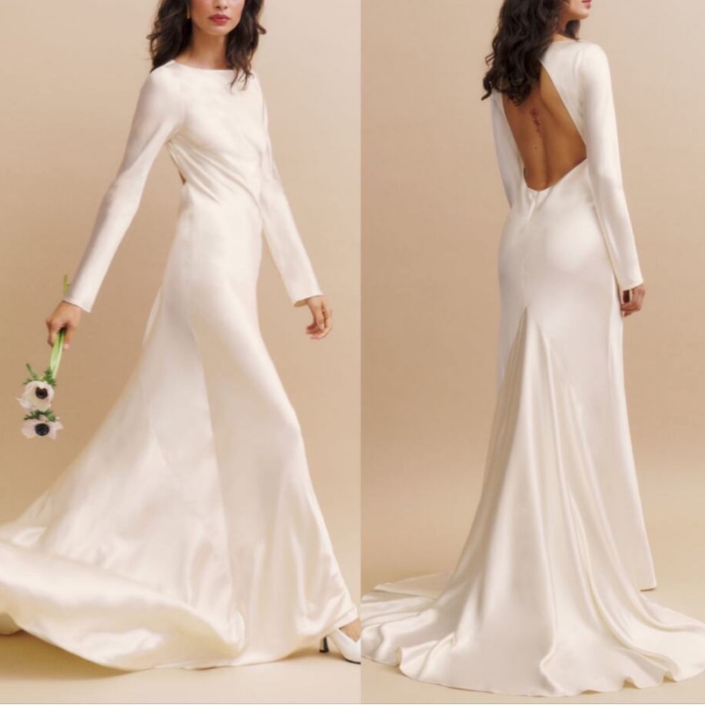 Reformation Adwen Ivory Silk Long Sleeve Open-Back Wedding Dress